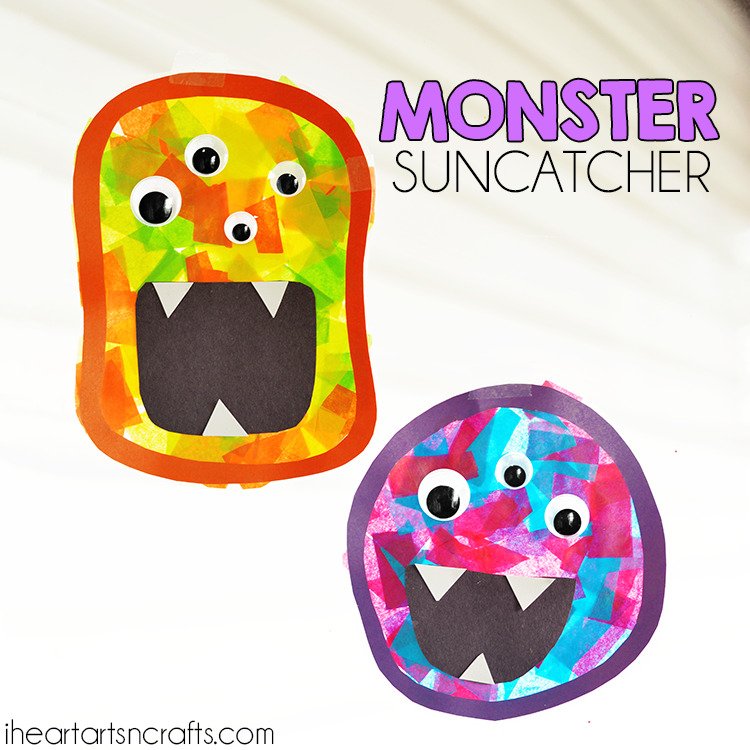 Monster Suncatcher crafts using tissue paper for Suncatchers via IHeartArtsNCrafts