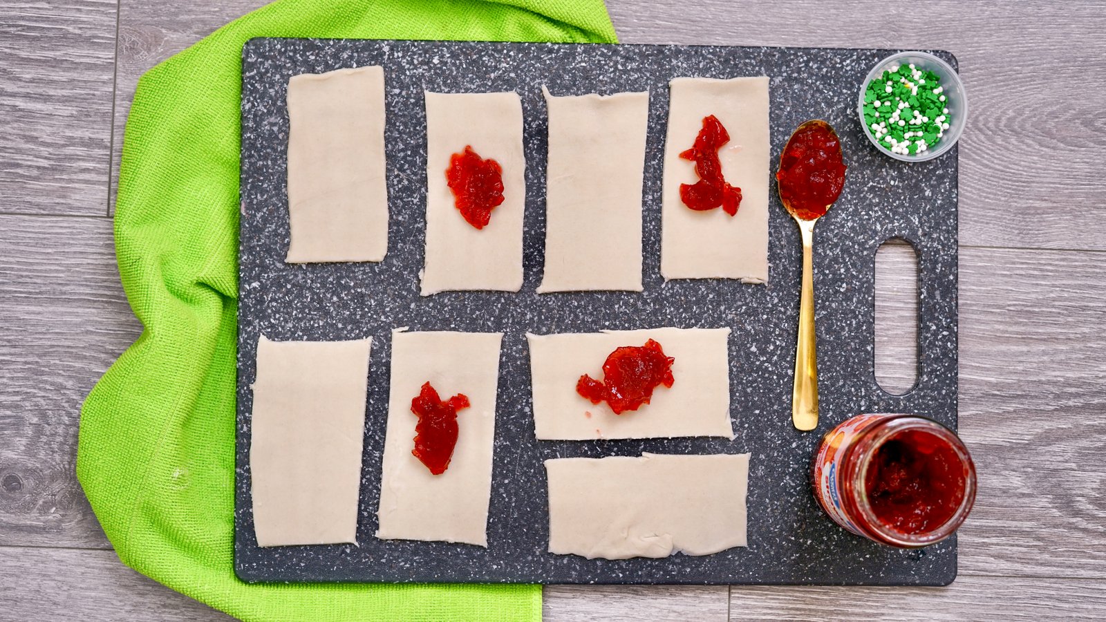 overhead view of pie crust rectangles with jelly for air fryer poptarts 