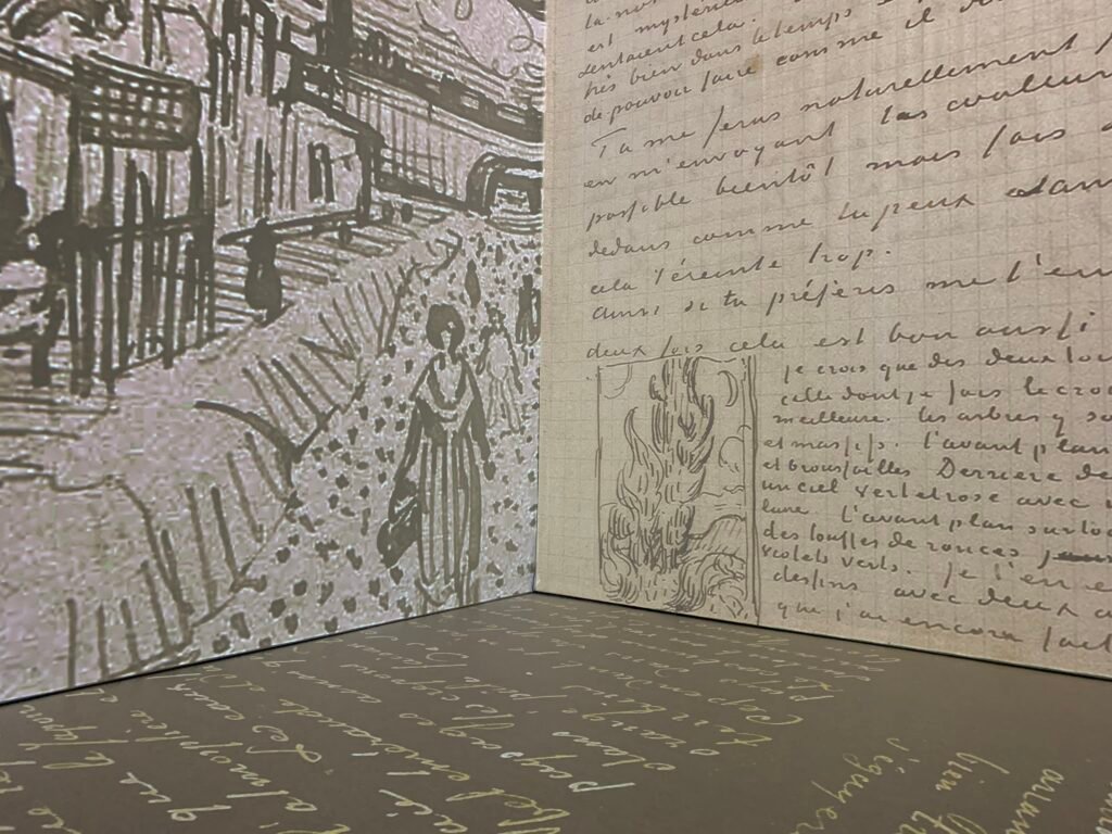 Corner photo showing black and white vincent van gogh photos mixed with a hand written letter