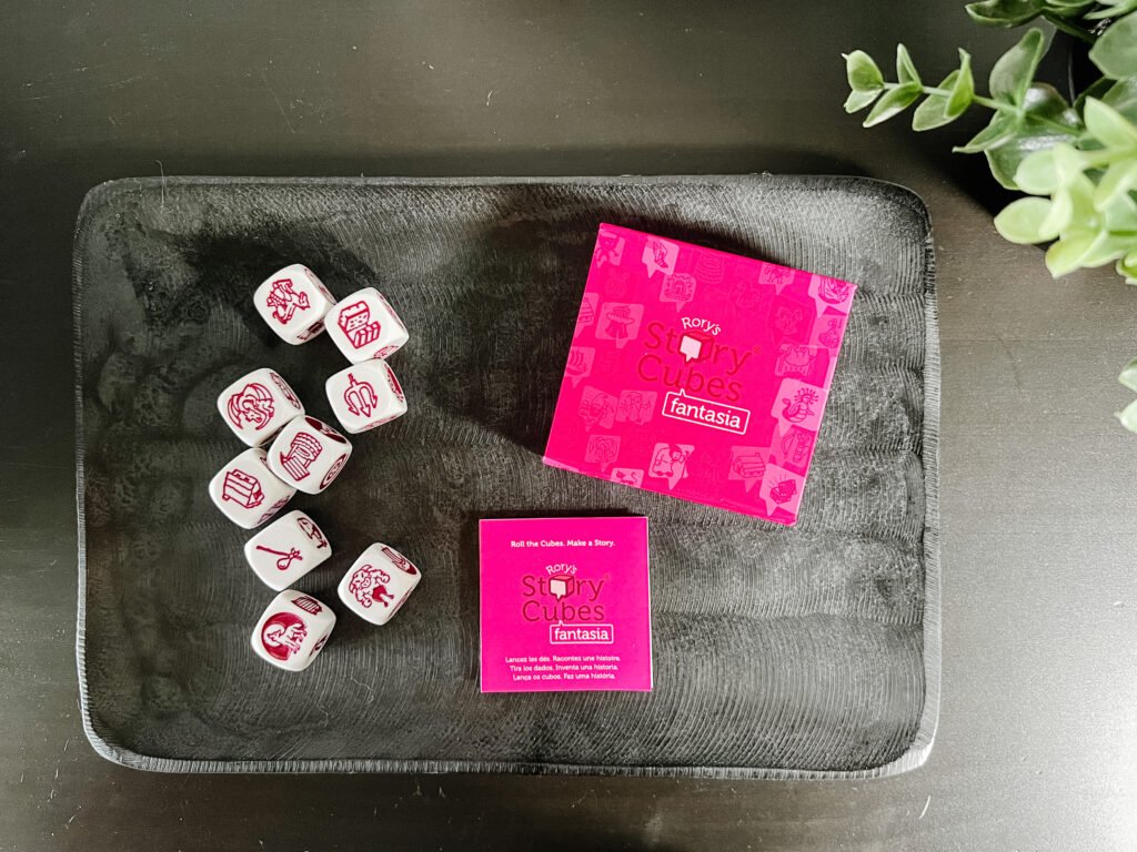 Rory's story cubes on a black tray - family board games